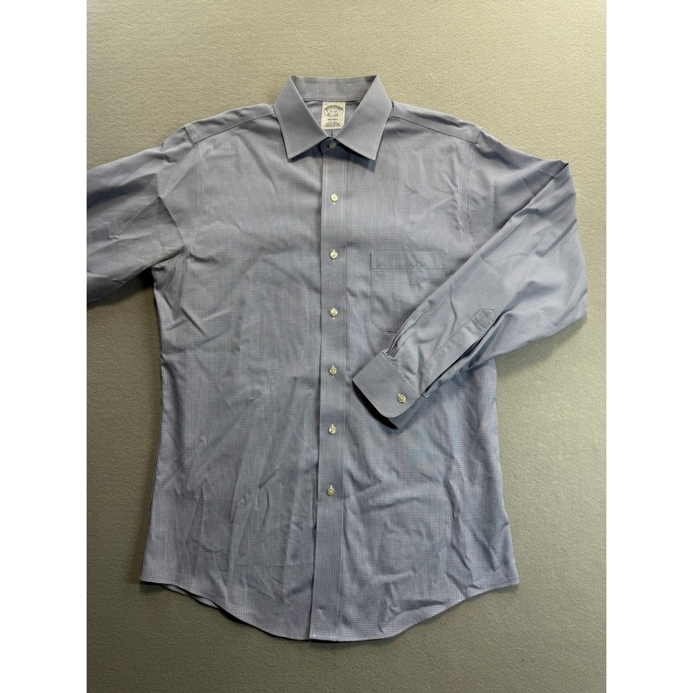 Brooks Brothers Dress Shirt Mens 15-32 Blue Micro Check Non-Iron Regent Fit